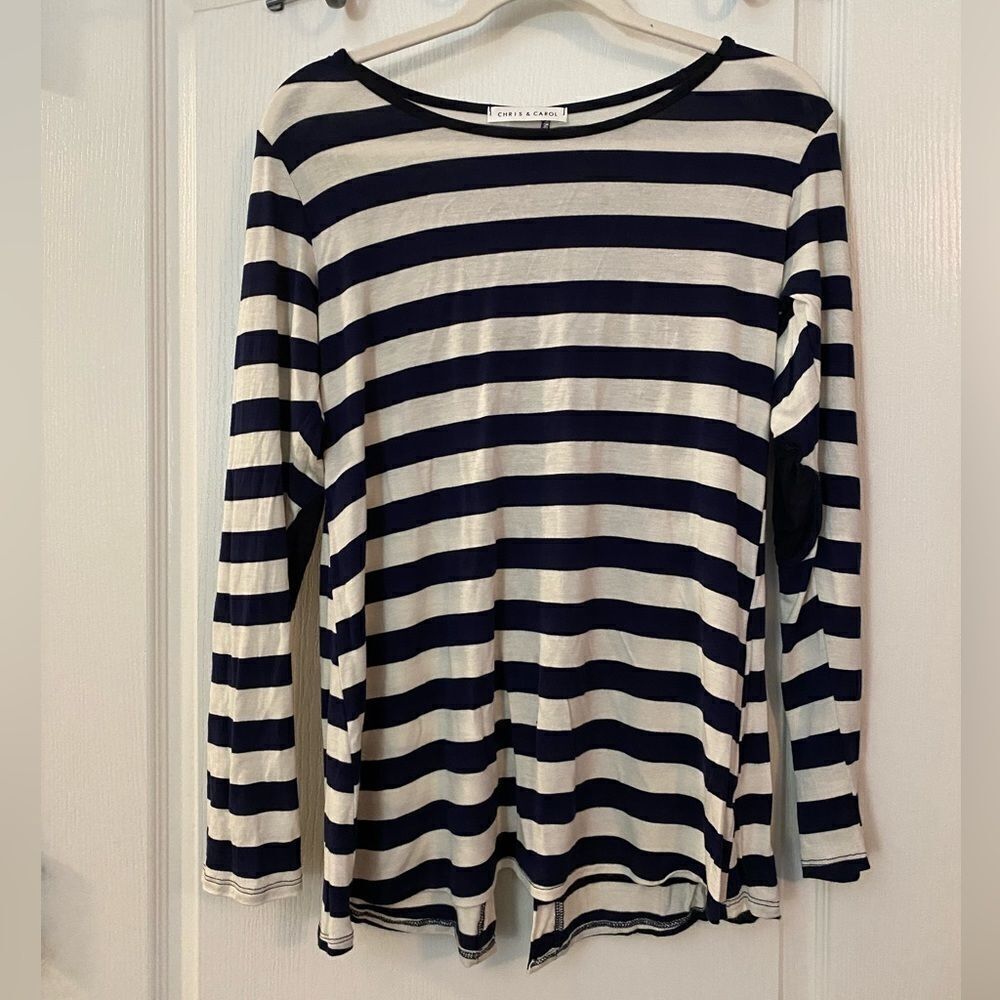 Chris & Carol striped tapered button back blouse Large soft EUC Elbow patches